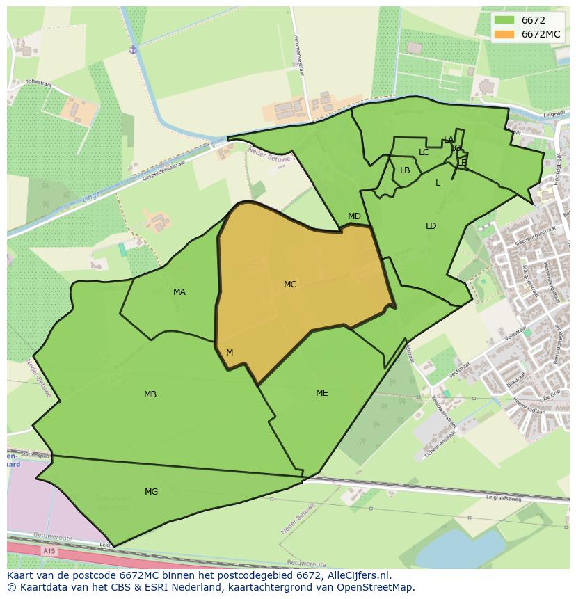 Afbeelding van het postcodegebied 6672 MC op de kaart.