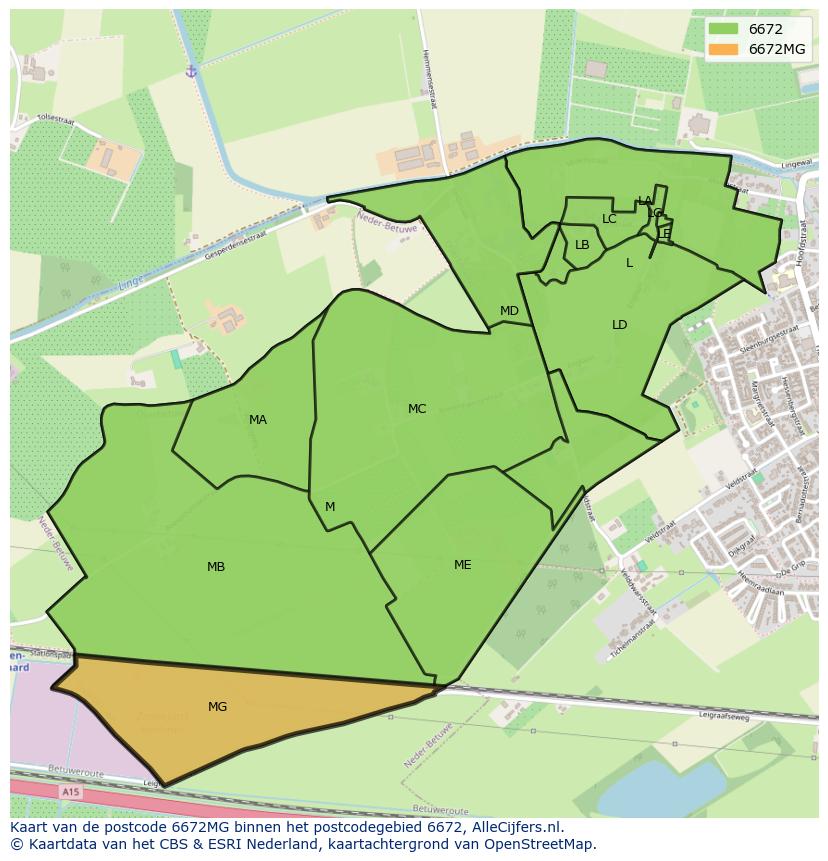 Afbeelding van het postcodegebied 6672 MG op de kaart.