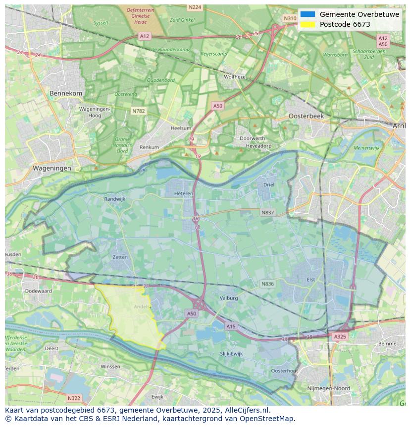 Afbeelding van het postcodegebied 6673 op de kaart.