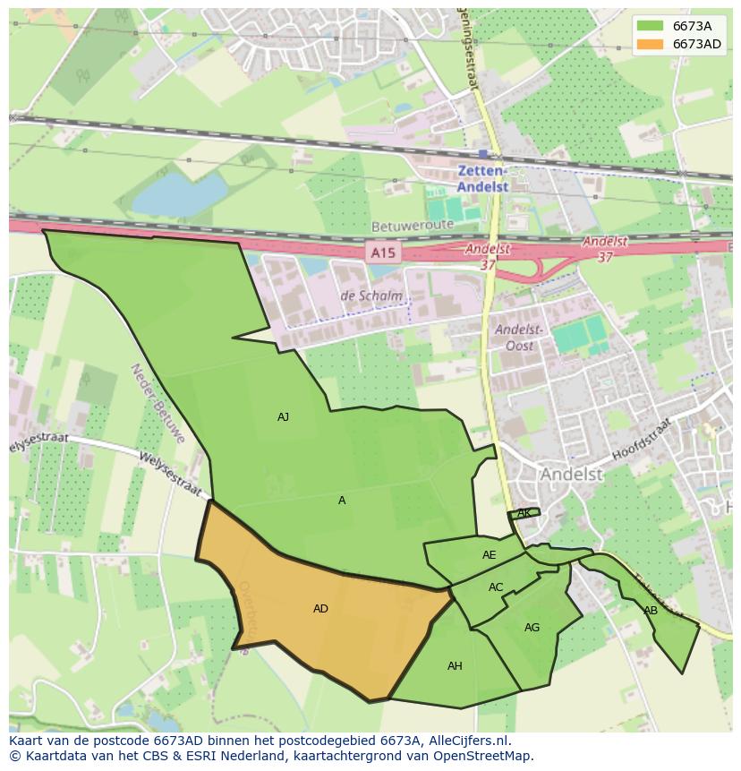 Afbeelding van het postcodegebied 6673 AD op de kaart.