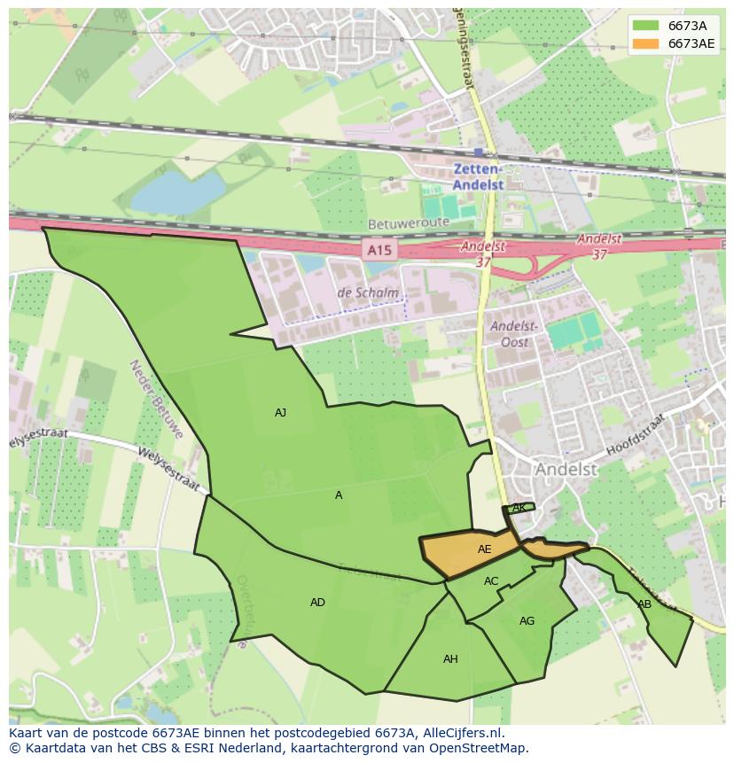 Afbeelding van het postcodegebied 6673 AE op de kaart.