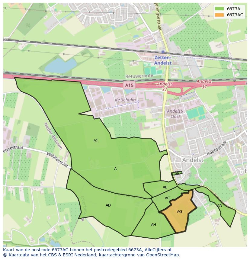 Afbeelding van het postcodegebied 6673 AG op de kaart.