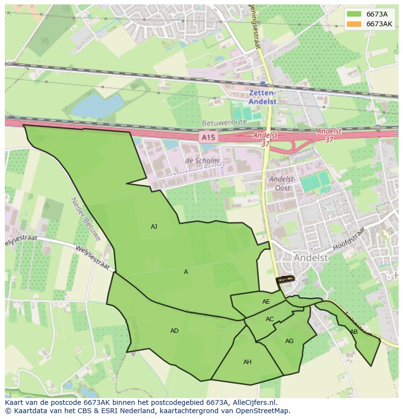 Afbeelding van het postcodegebied 6673 AK op de kaart.