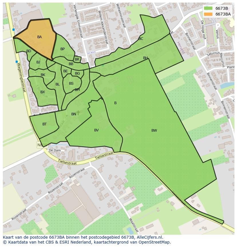Afbeelding van het postcodegebied 6673 BA op de kaart.