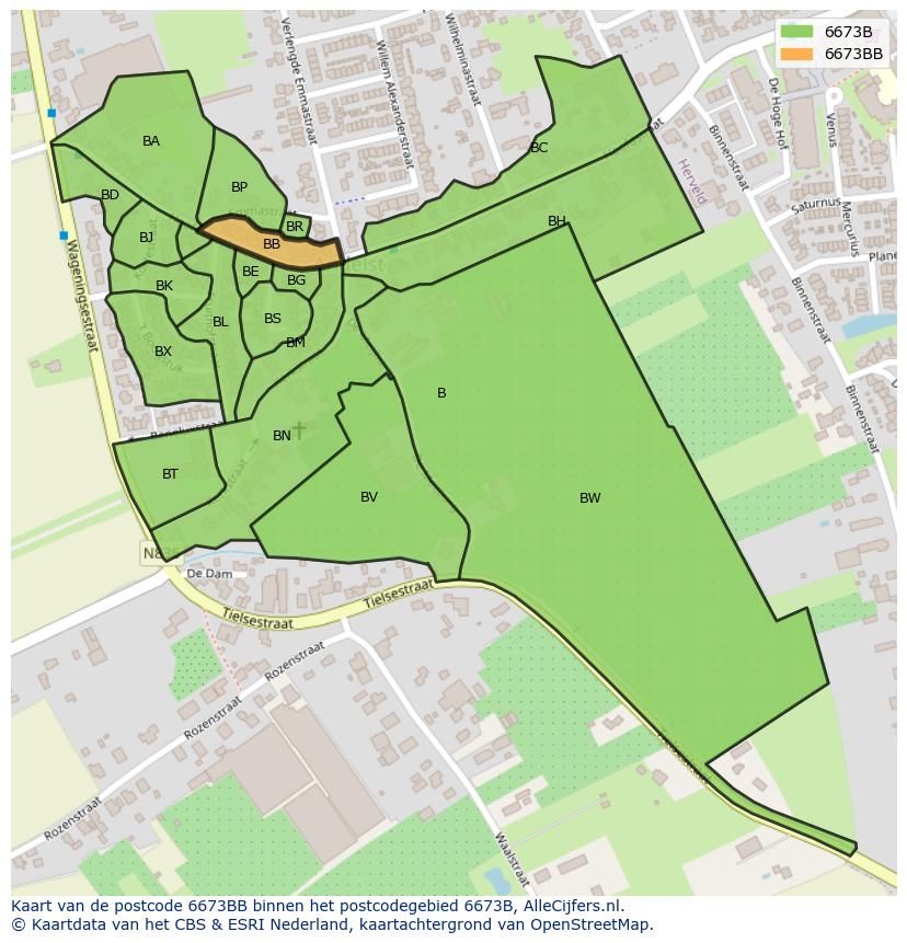 Afbeelding van het postcodegebied 6673 BB op de kaart.