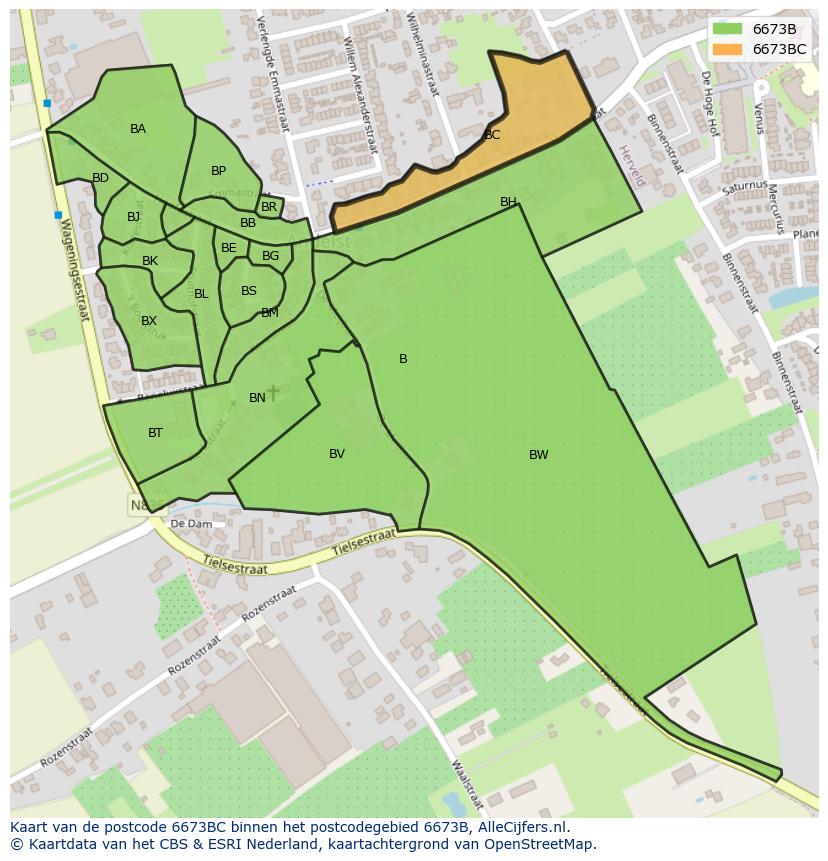 Afbeelding van het postcodegebied 6673 BC op de kaart.