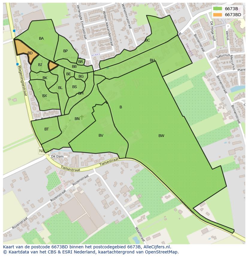 Afbeelding van het postcodegebied 6673 BD op de kaart.