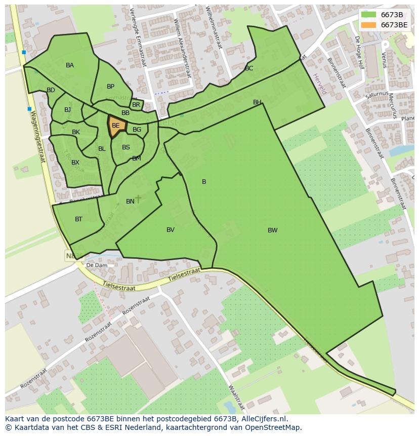 Afbeelding van het postcodegebied 6673 BE op de kaart.