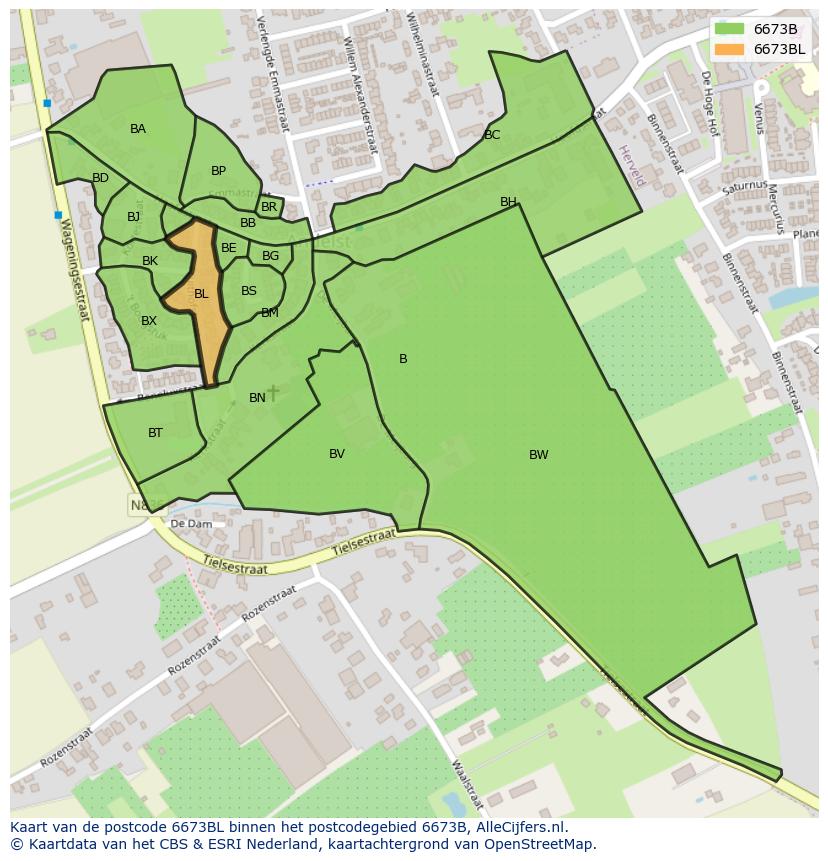 Afbeelding van het postcodegebied 6673 BL op de kaart.