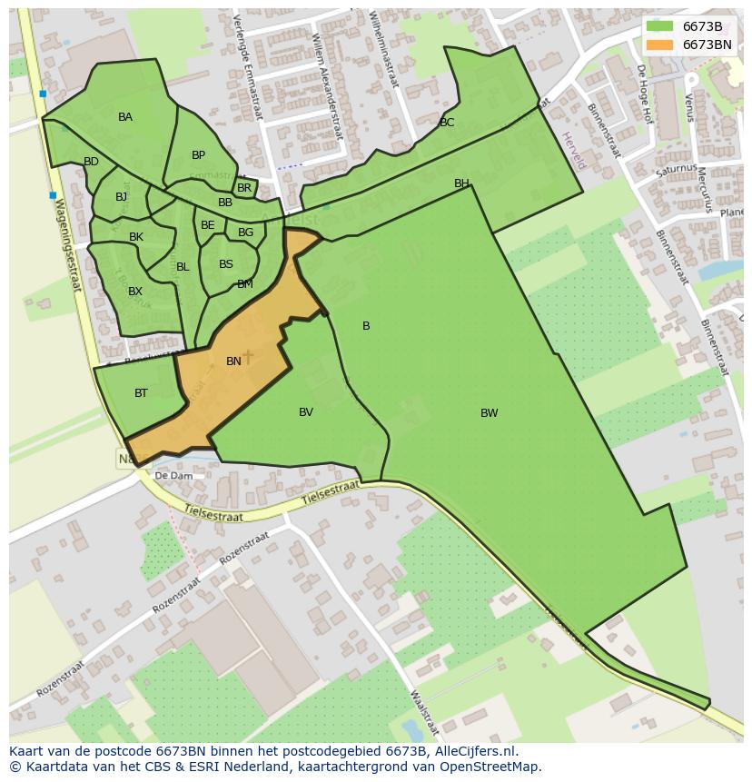 Afbeelding van het postcodegebied 6673 BN op de kaart.
