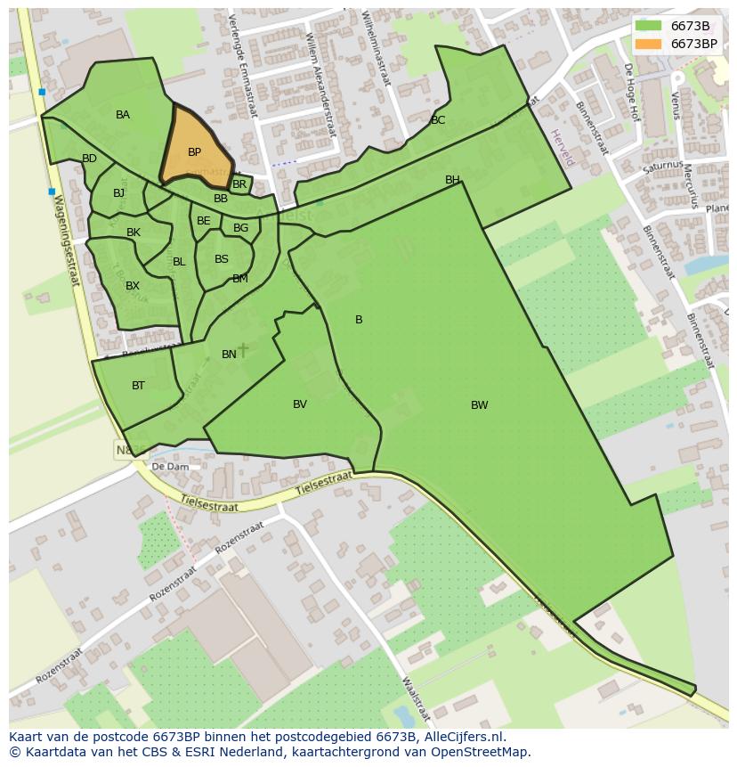 Afbeelding van het postcodegebied 6673 BP op de kaart.