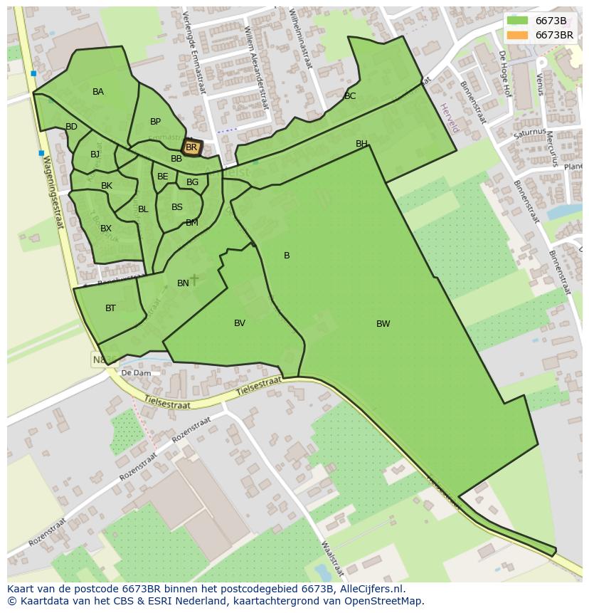 Afbeelding van het postcodegebied 6673 BR op de kaart.