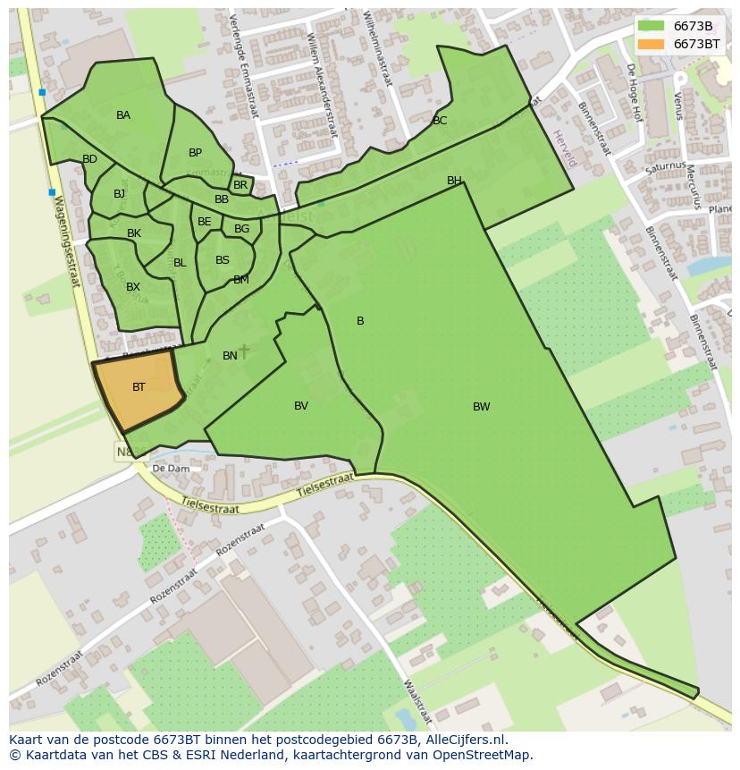 Afbeelding van het postcodegebied 6673 BT op de kaart.