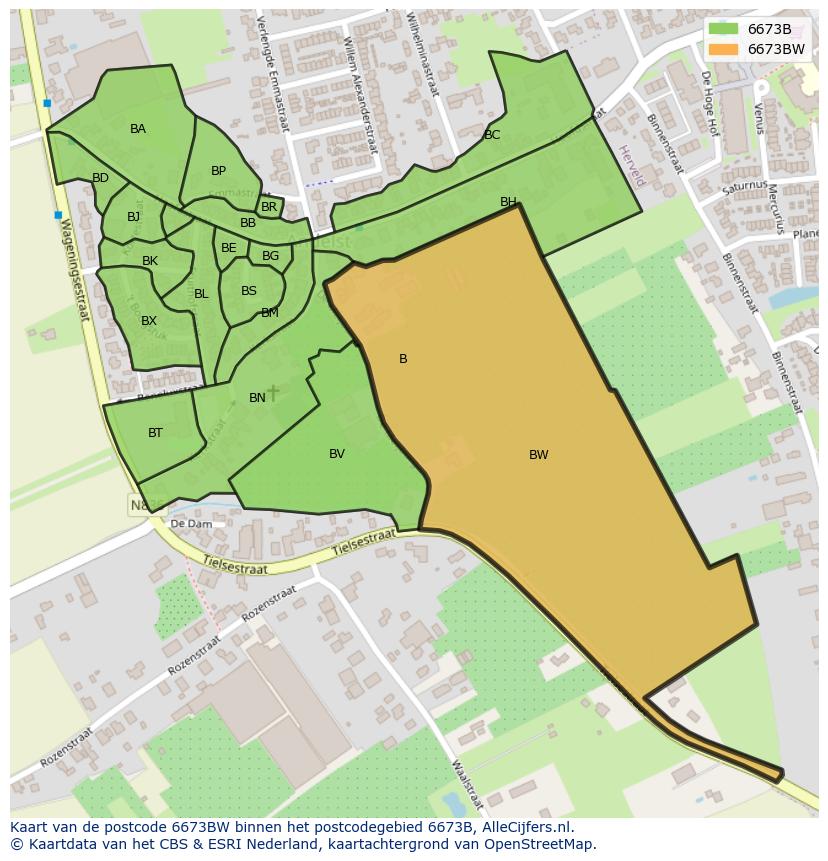 Afbeelding van het postcodegebied 6673 BW op de kaart.