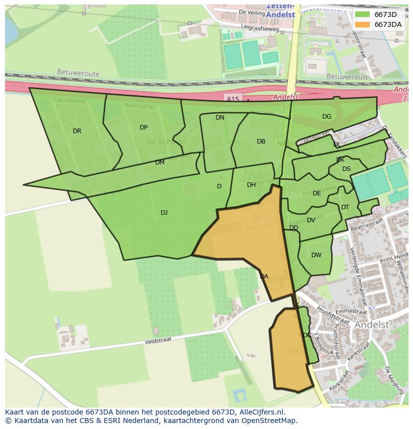 Afbeelding van het postcodegebied 6673 DA op de kaart.