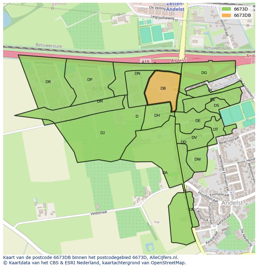 Afbeelding van het postcodegebied 6673 DB op de kaart.