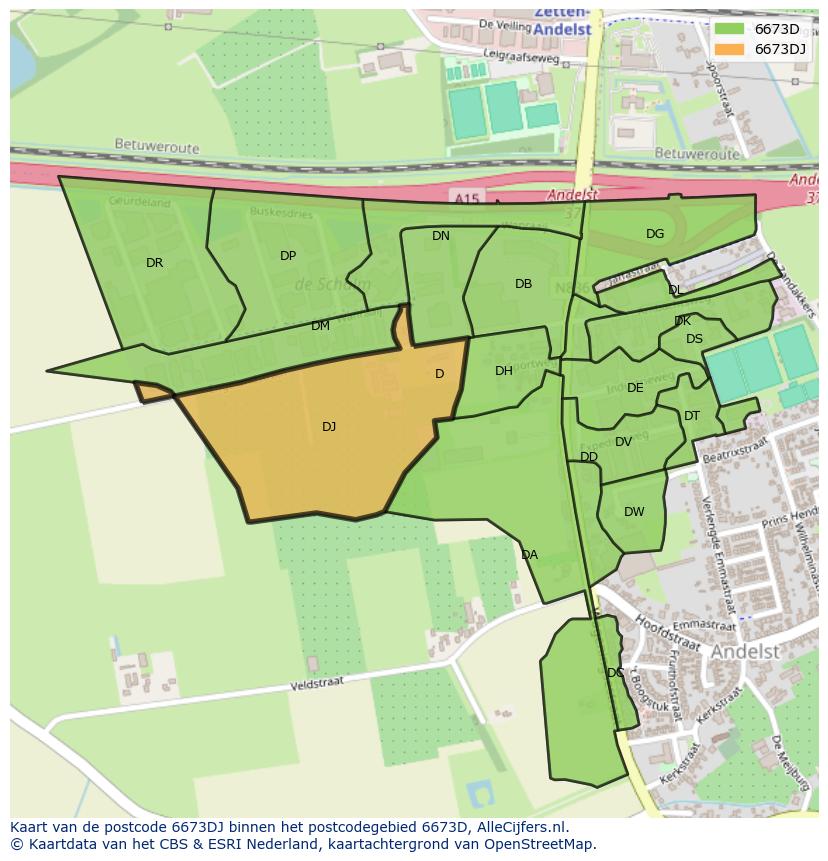 Afbeelding van het postcodegebied 6673 DJ op de kaart.