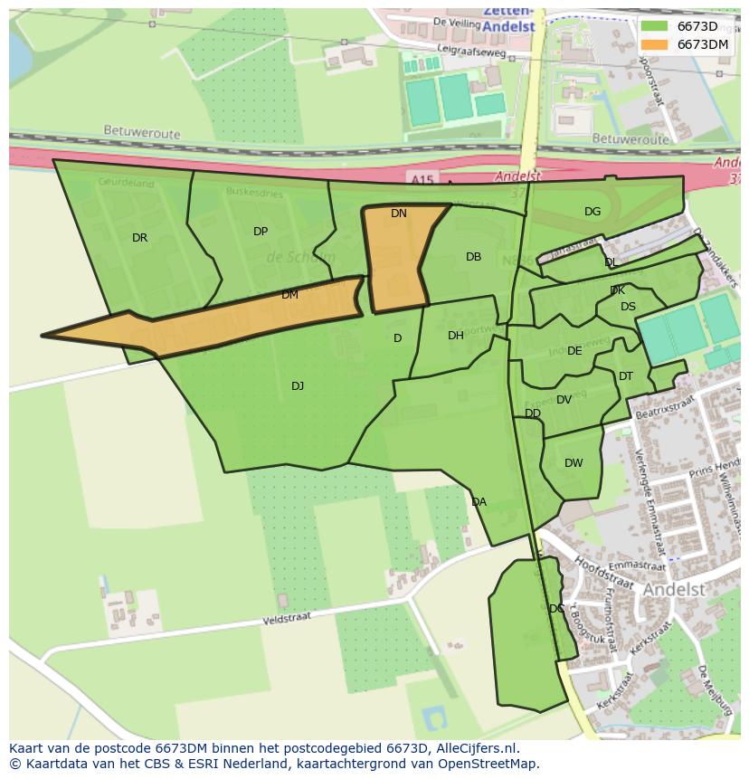 Afbeelding van het postcodegebied 6673 DM op de kaart.