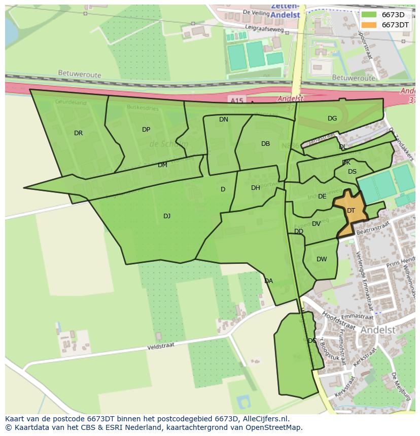 Afbeelding van het postcodegebied 6673 DT op de kaart.