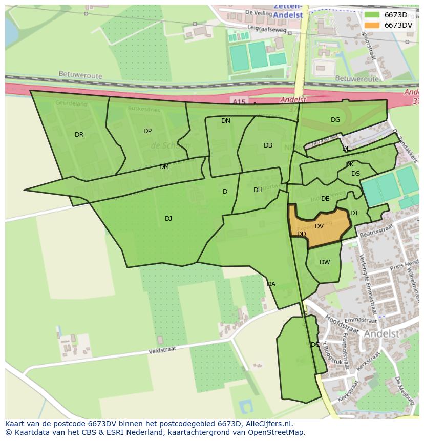 Afbeelding van het postcodegebied 6673 DV op de kaart.