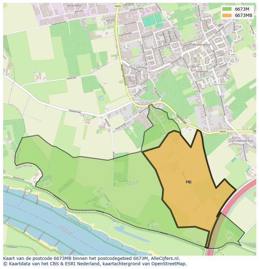 Afbeelding van het postcodegebied 6673 MB op de kaart.