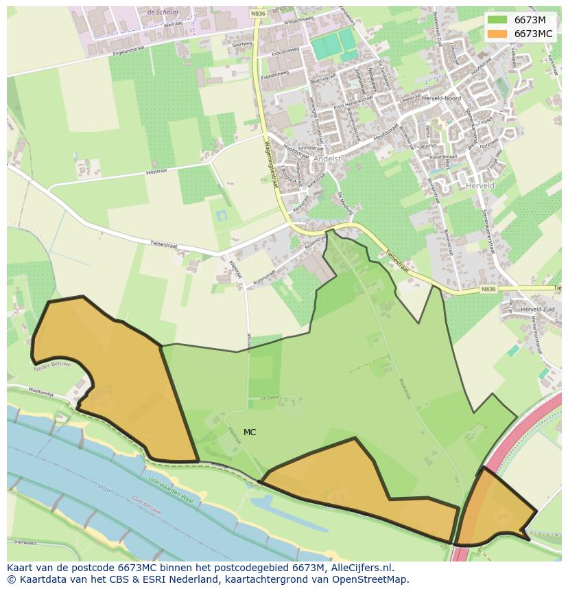 Afbeelding van het postcodegebied 6673 MC op de kaart.