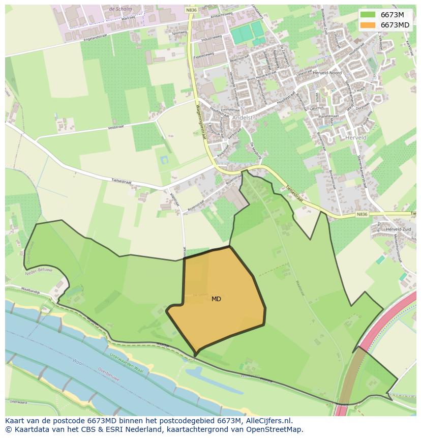 Afbeelding van het postcodegebied 6673 MD op de kaart.