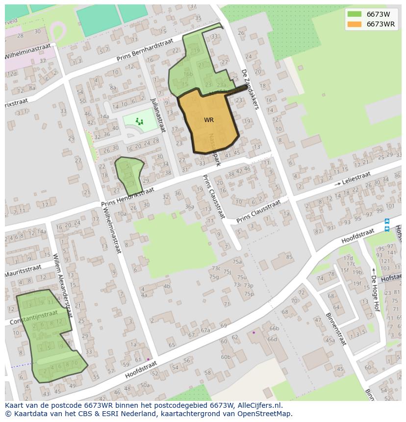 Afbeelding van het postcodegebied 6673 WR op de kaart.
