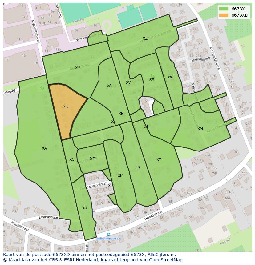 Afbeelding van het postcodegebied 6673 XD op de kaart.
