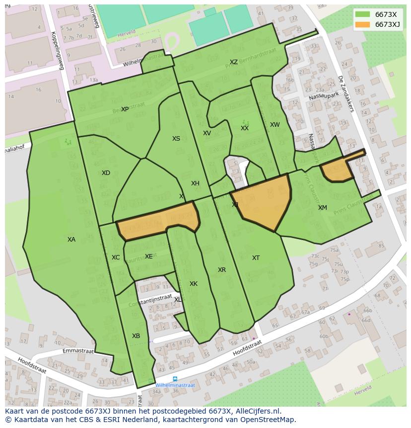 Afbeelding van het postcodegebied 6673 XJ op de kaart.