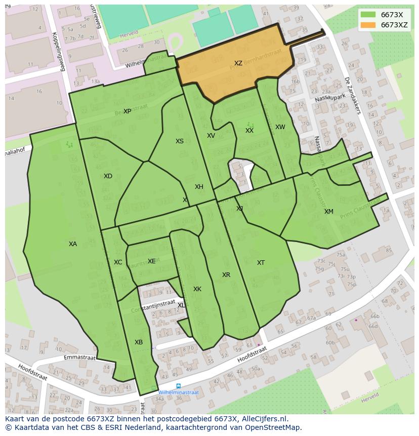 Afbeelding van het postcodegebied 6673 XZ op de kaart.
