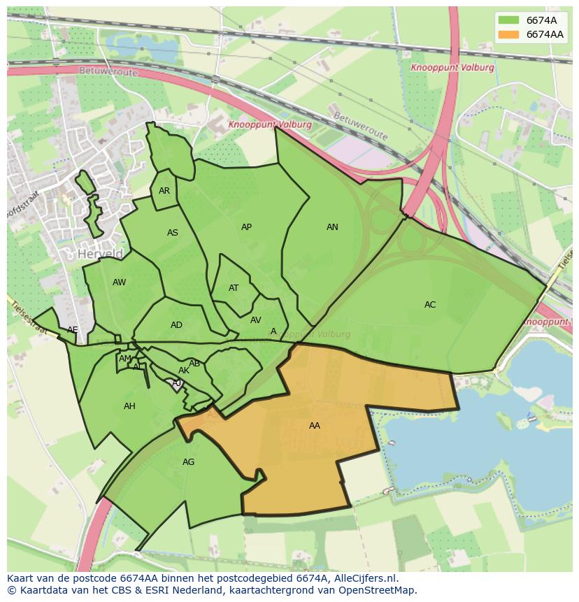 Afbeelding van het postcodegebied 6674 AA op de kaart.
