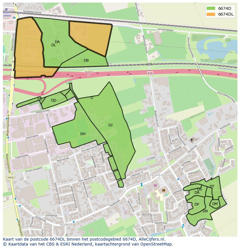 Afbeelding van het postcodegebied 6674 DL op de kaart.
