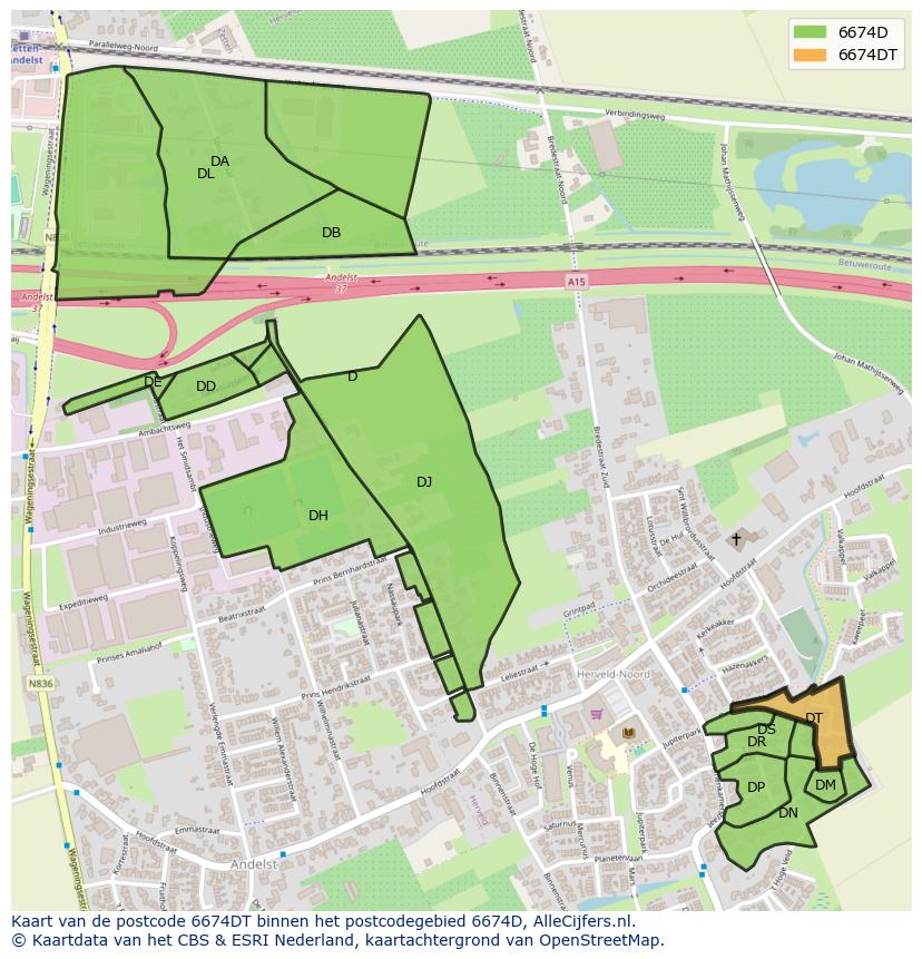 Afbeelding van het postcodegebied 6674 DT op de kaart.