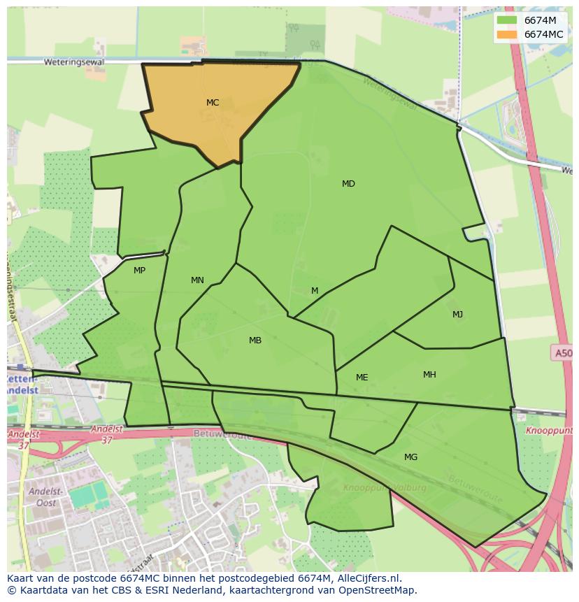 Afbeelding van het postcodegebied 6674 MC op de kaart.