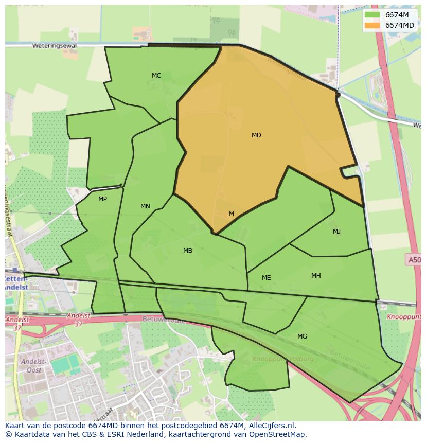 Afbeelding van het postcodegebied 6674 MD op de kaart.