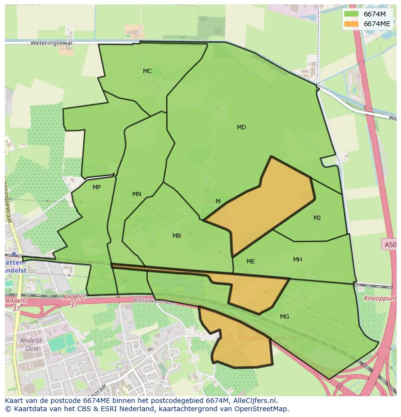 Afbeelding van het postcodegebied 6674 ME op de kaart.