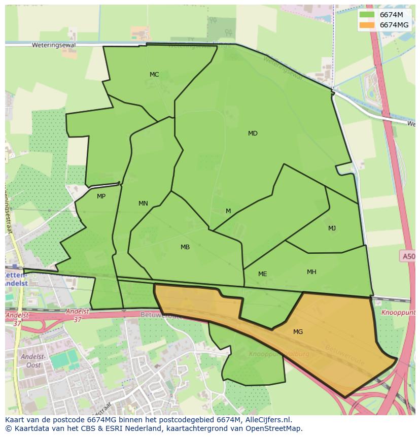 Afbeelding van het postcodegebied 6674 MG op de kaart.