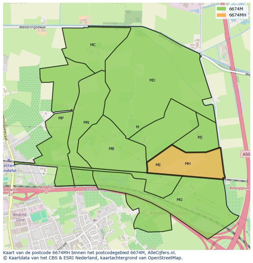 Afbeelding van het postcodegebied 6674 MH op de kaart.