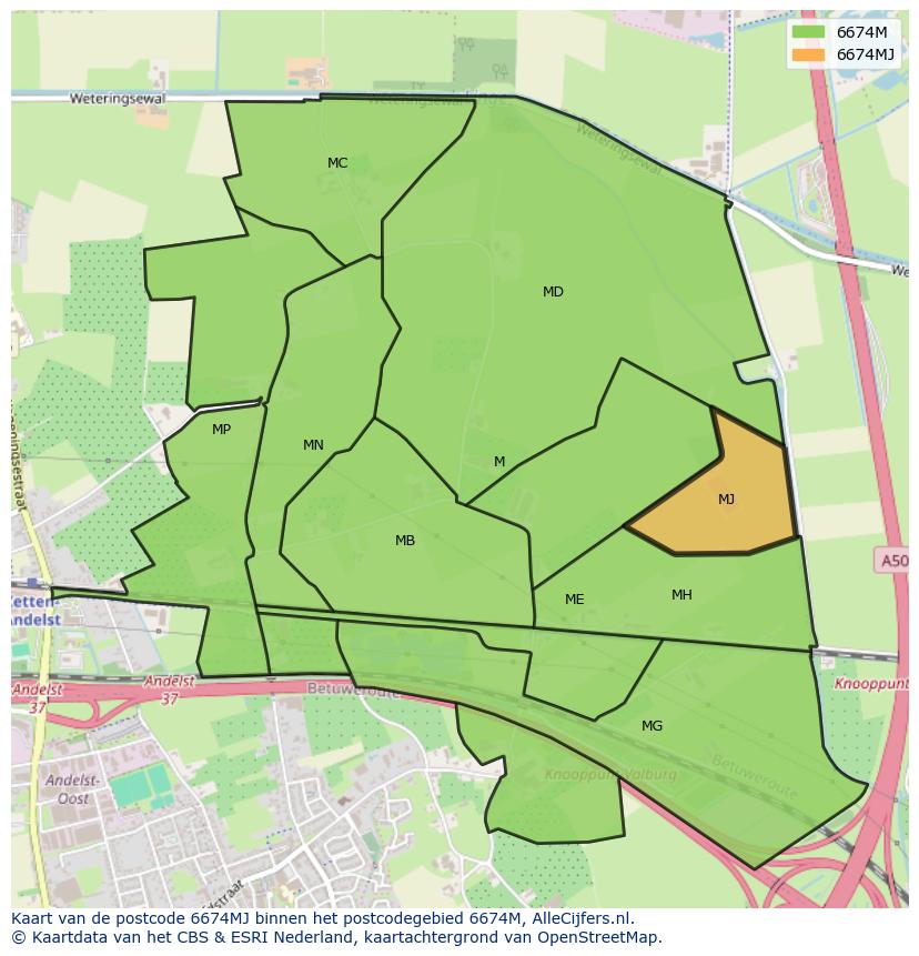 Afbeelding van het postcodegebied 6674 MJ op de kaart.