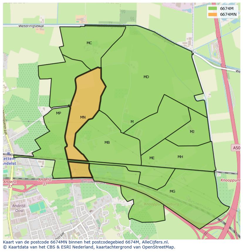 Afbeelding van het postcodegebied 6674 MN op de kaart.