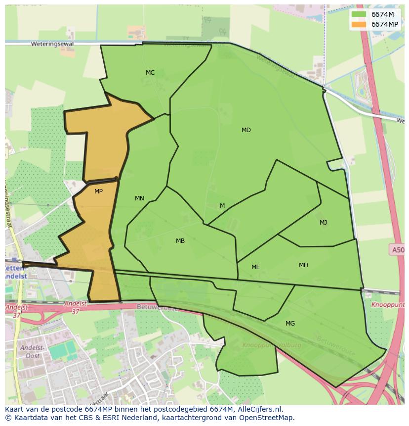 Afbeelding van het postcodegebied 6674 MP op de kaart.