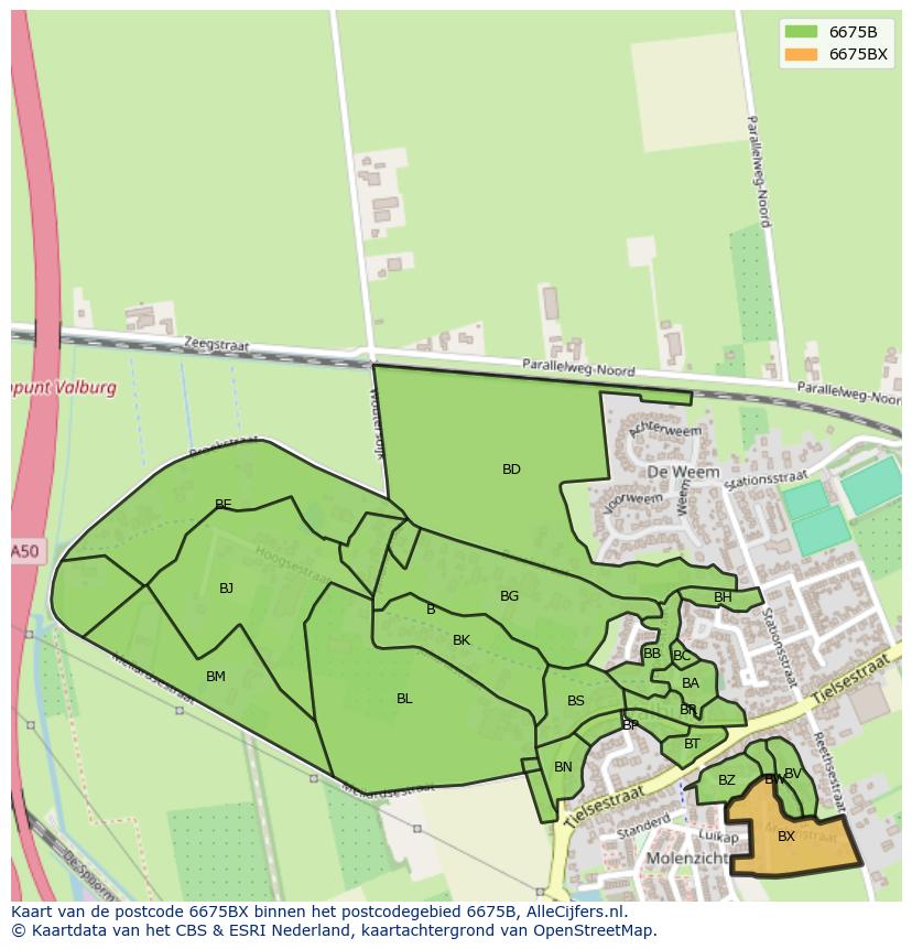 Afbeelding van het postcodegebied 6675 BX op de kaart.