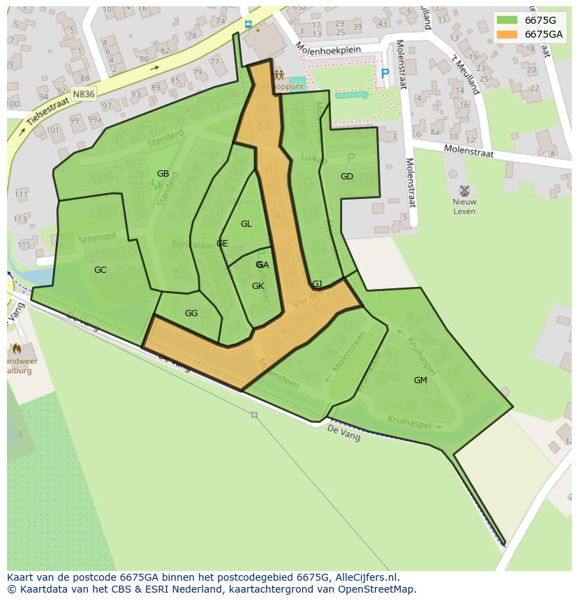 Afbeelding van het postcodegebied 6675 GA op de kaart.