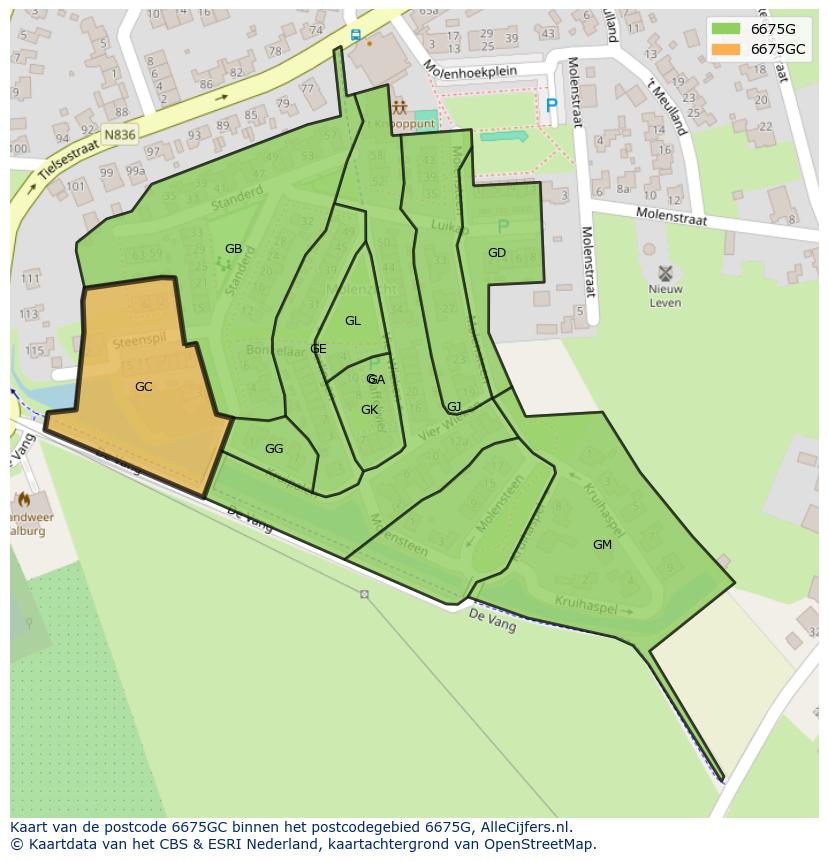 Afbeelding van het postcodegebied 6675 GC op de kaart.