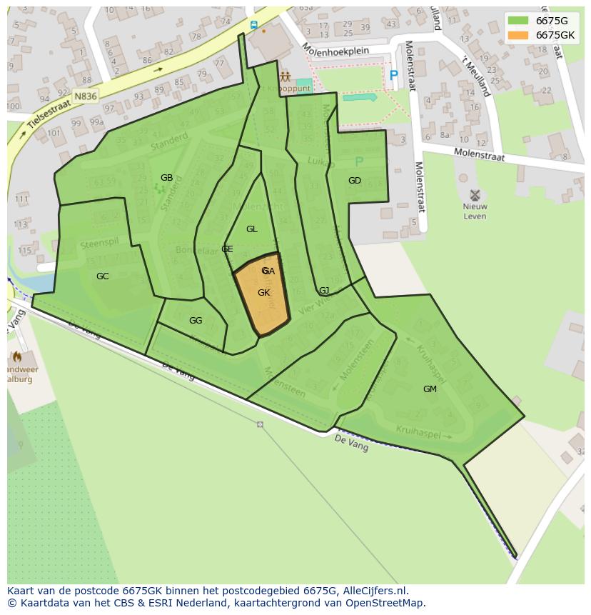 Afbeelding van het postcodegebied 6675 GK op de kaart.