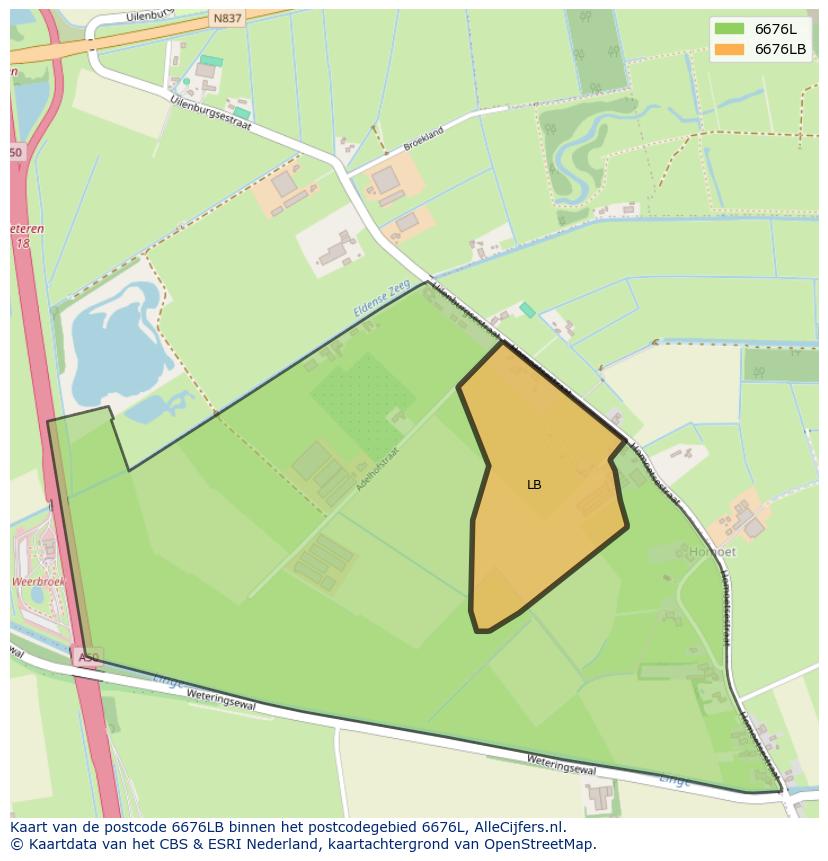 Afbeelding van het postcodegebied 6676 LB op de kaart.