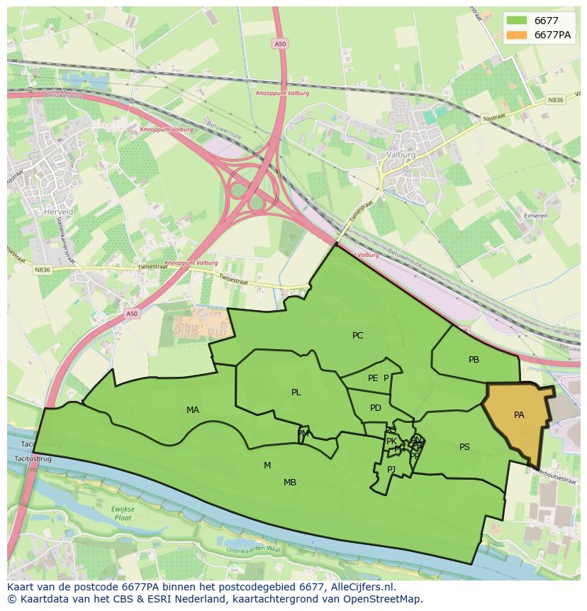 Afbeelding van het postcodegebied 6677 PA op de kaart.