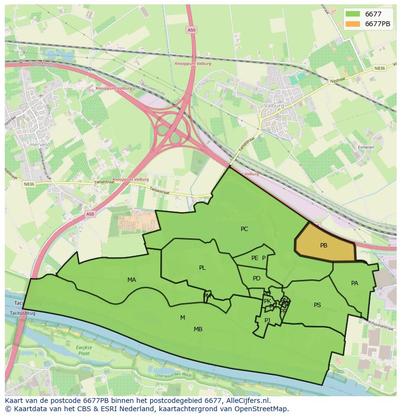 Afbeelding van het postcodegebied 6677 PB op de kaart.