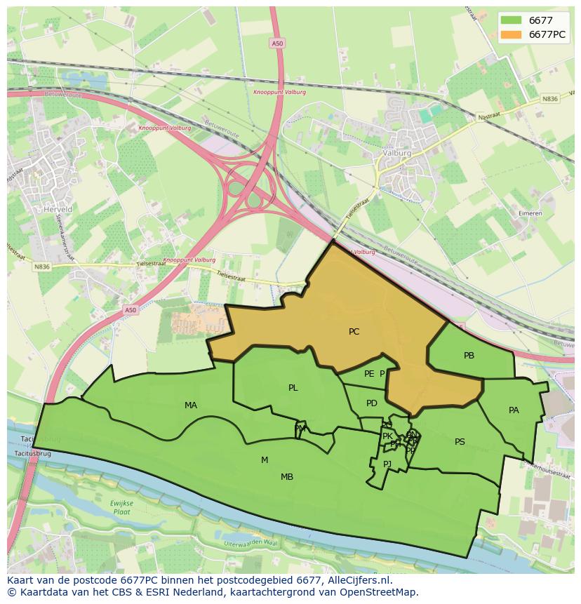 Afbeelding van het postcodegebied 6677 PC op de kaart.